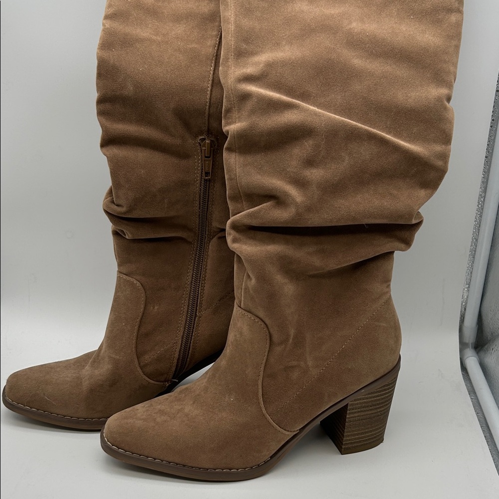 Universal Thread Tan Suede Slouchy Mid-Calf Block Heel Boots